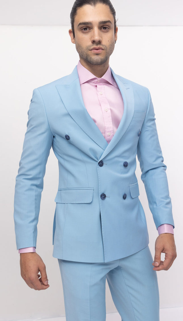 Super 120S Merino Wool Double Breasted Suit- Sky Blue - Ron Tomson