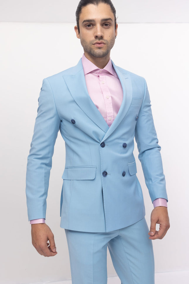 Super 120S Merino Wool Double Breasted Suit- Sky Blue - Ron Tomson
