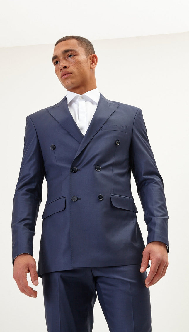 Super 120S Merino Wool Double Breasted Suit - Solid Navy - Ron Tomson