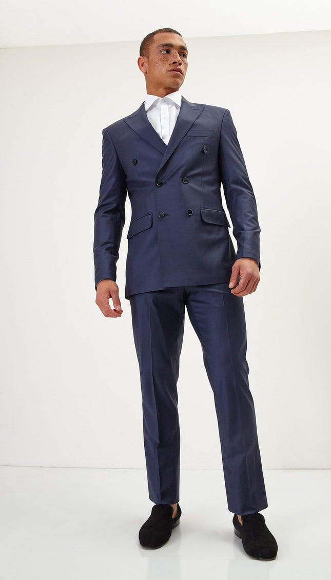 Super 120S Merino Wool Double Breasted Suit - Solid Navy - Ron Tomson