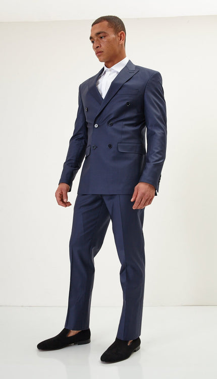 Super 120S Merino Wool Double Breasted Suit - Solid Navy - Ron Tomson