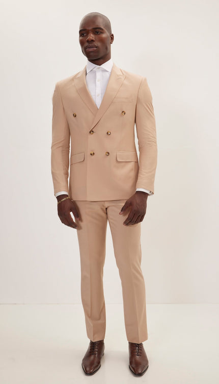 Super 120S Merino Wool Double Breasted Suit - Tan - Ron Tomson