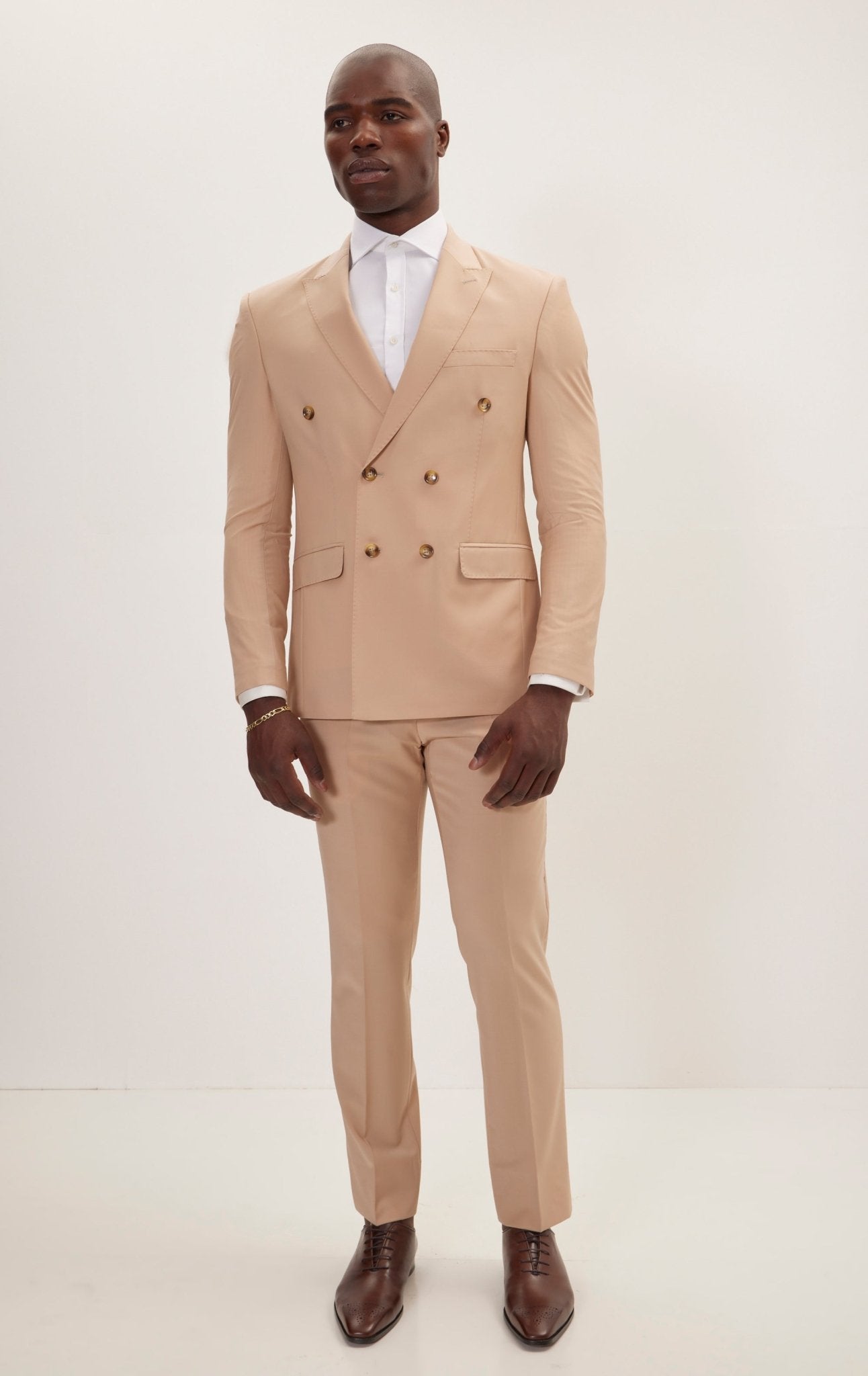 Super 120S Merino Wool Double Breasted Suit Tan Ron Tomson