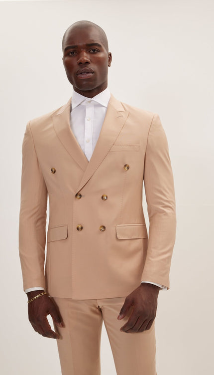 Super 120S Merino Wool Double Breasted Suit - Tan - Ron Tomson