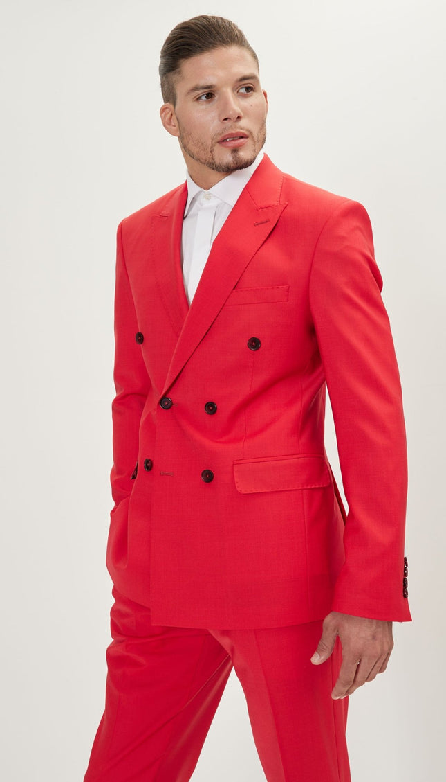 Super 120S Merino Wool Double Breasted Suit - Valentine Red - Ron Tomson