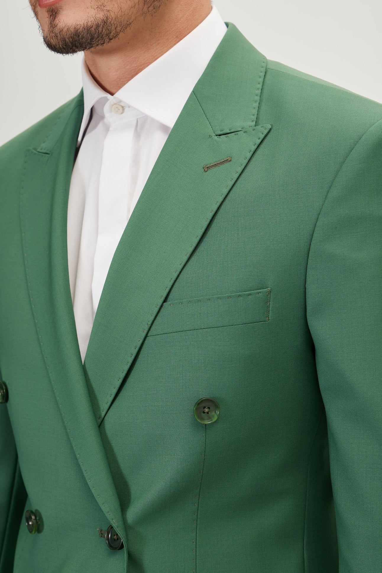 Super 120S Merino Wool Double Breasted Suit - Verdant Green - Ron Tomson