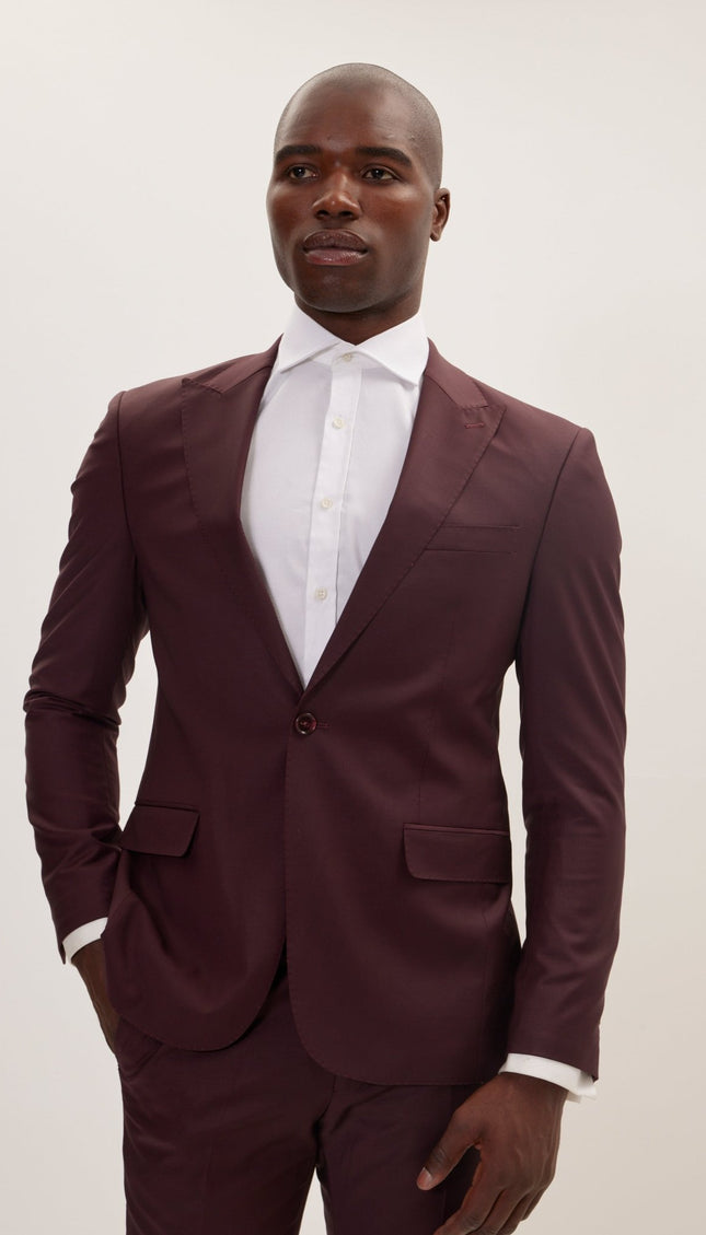 Super 120S Merino Wool Single Breasted Suit - Burgundy - Ron Tomson