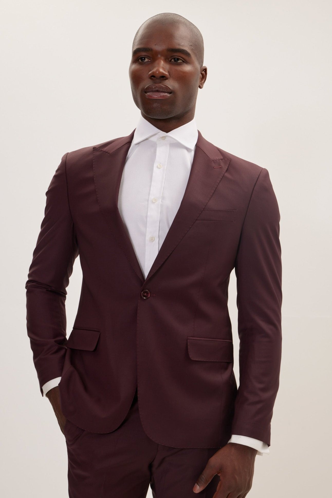 Super 120S Merino Wool Single Breasted Suit - Burgundy - Ron Tomson