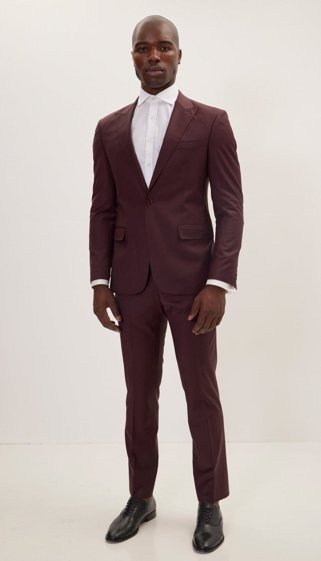 Super 120S Merino Wool Single Breasted Suit - Burgundy - Ron Tomson