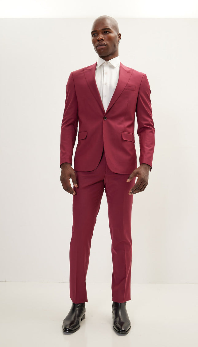 Super 120S Merino Wool Single Breasted Suit - Currant Maroon - Ron Tomson