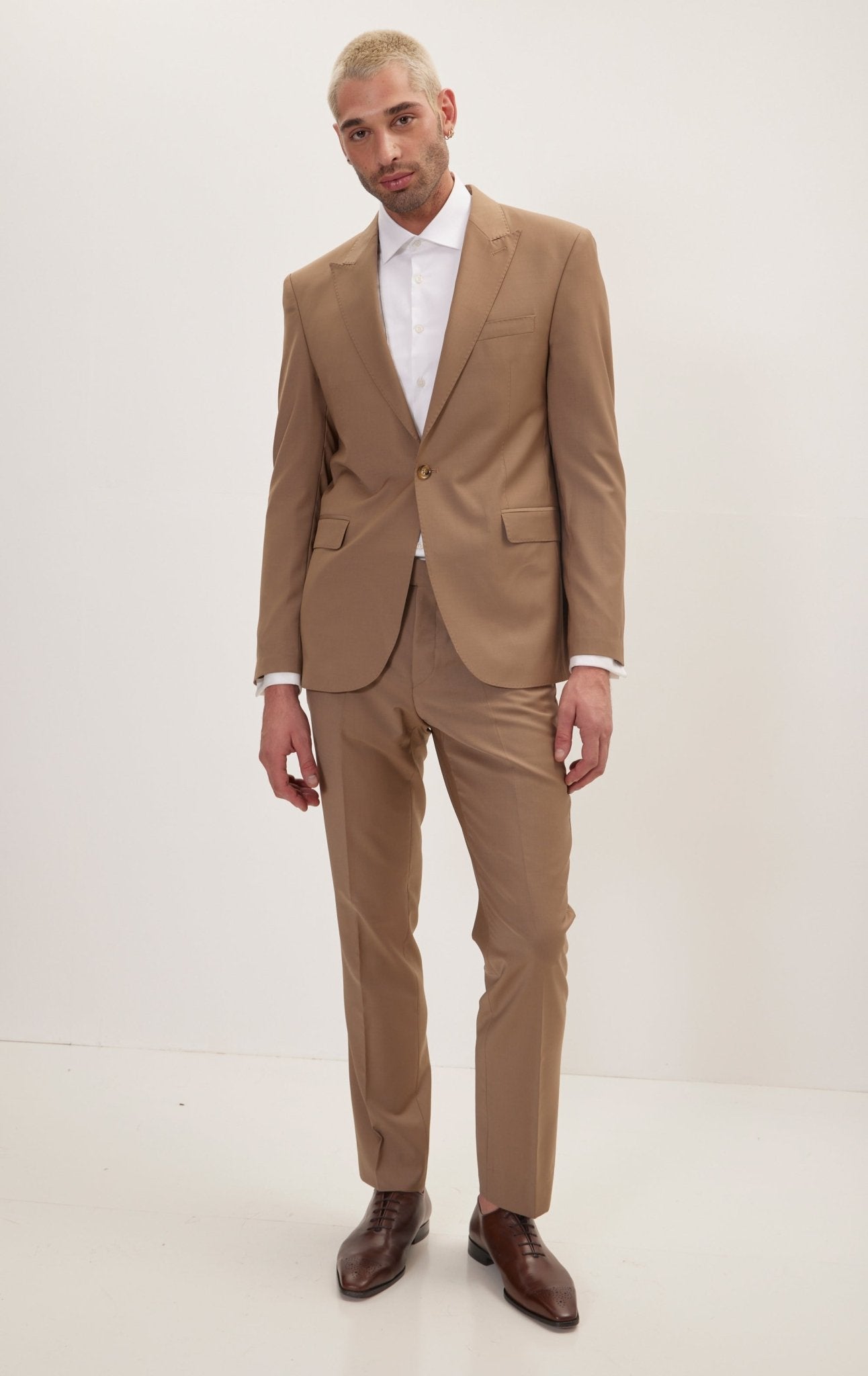 Super 120S Merino Wool Single Breasted Suit - Khaki - Ron Tomson