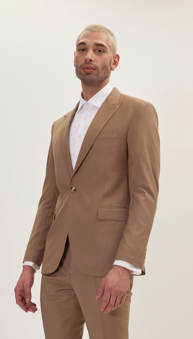 Super 120S Merino Wool Single Breasted Suit - Khaki - Ron Tomson