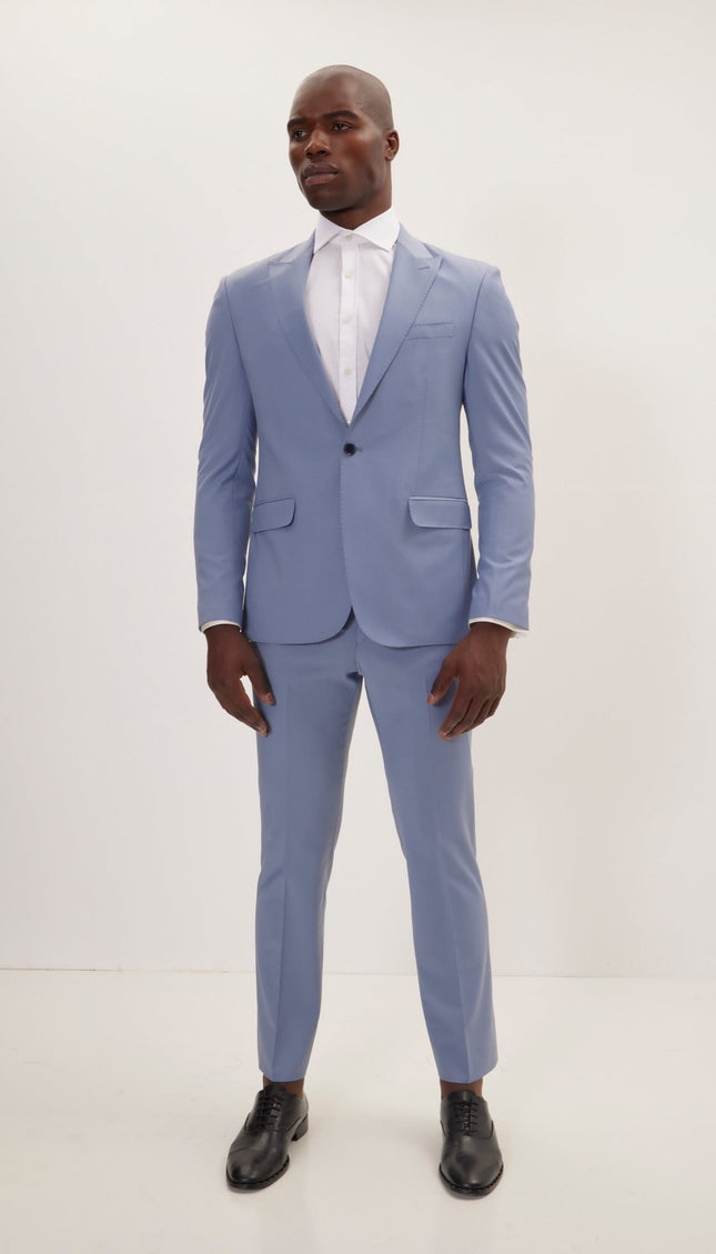 Super 120S Merino Wool Single Breasted Suit - Monument Grey Ish Blue - Ron Tomson