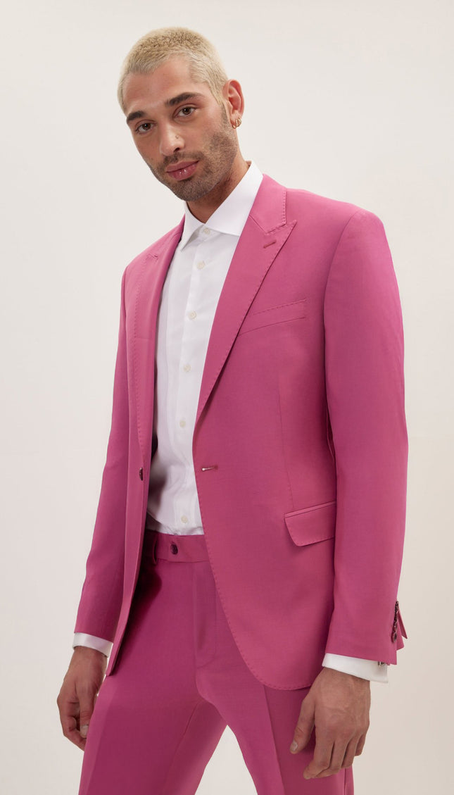 Super 120S Merino Wool Single Breasted Suit - Raspberry Pinkish Red - Ron Tomson