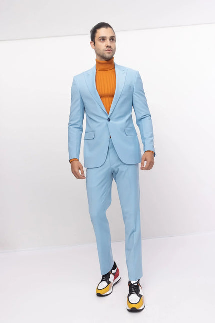 Super 120S Merino Wool Single Breasted Suit - Sky Blue - Ron Tomson
