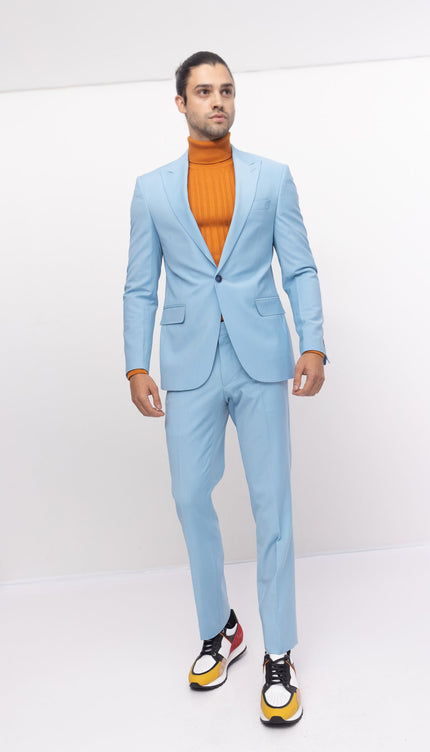 Super 120S Merino Wool Single Breasted Suit - Sky Blue - Ron Tomson