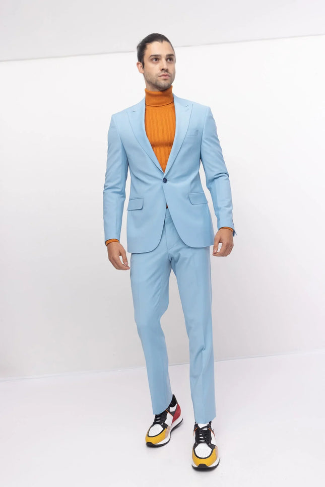 Super 120S Merino Wool Single Breasted Suit - Sky Blue - Ron Tomson