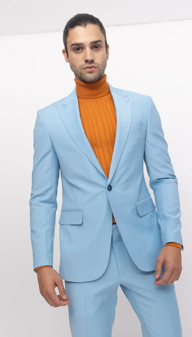 Super 120S Merino Wool Single Breasted Suit - Sky Blue - Ron Tomson