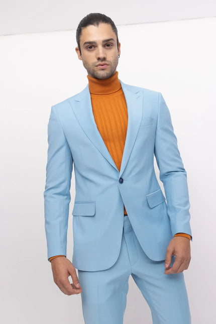 Super 120S Merino Wool Single Breasted Suit - Sky Blue - Ron Tomson