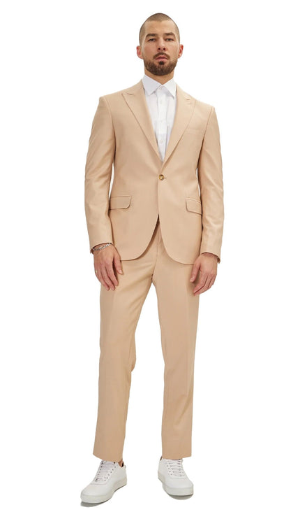 Super 120S Merino Wool Single Breasted Suit - Tan - Ron Tomson