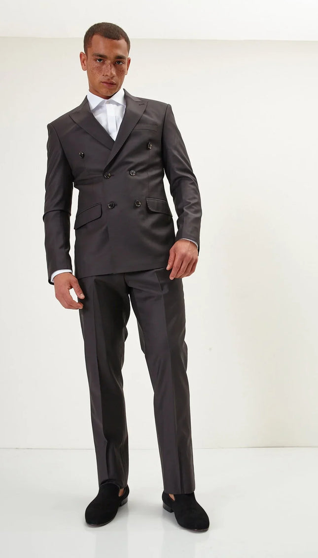 Super 180S Wool and Silk Double Breasted Suit - Chocolate Brown - Ron Tomson