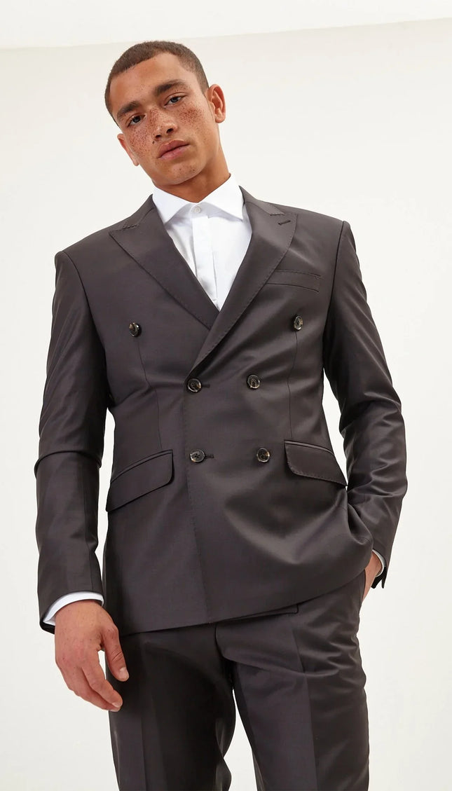 Super 180S Wool and Silk Double Breasted Suit - Chocolate Brown - Ron Tomson