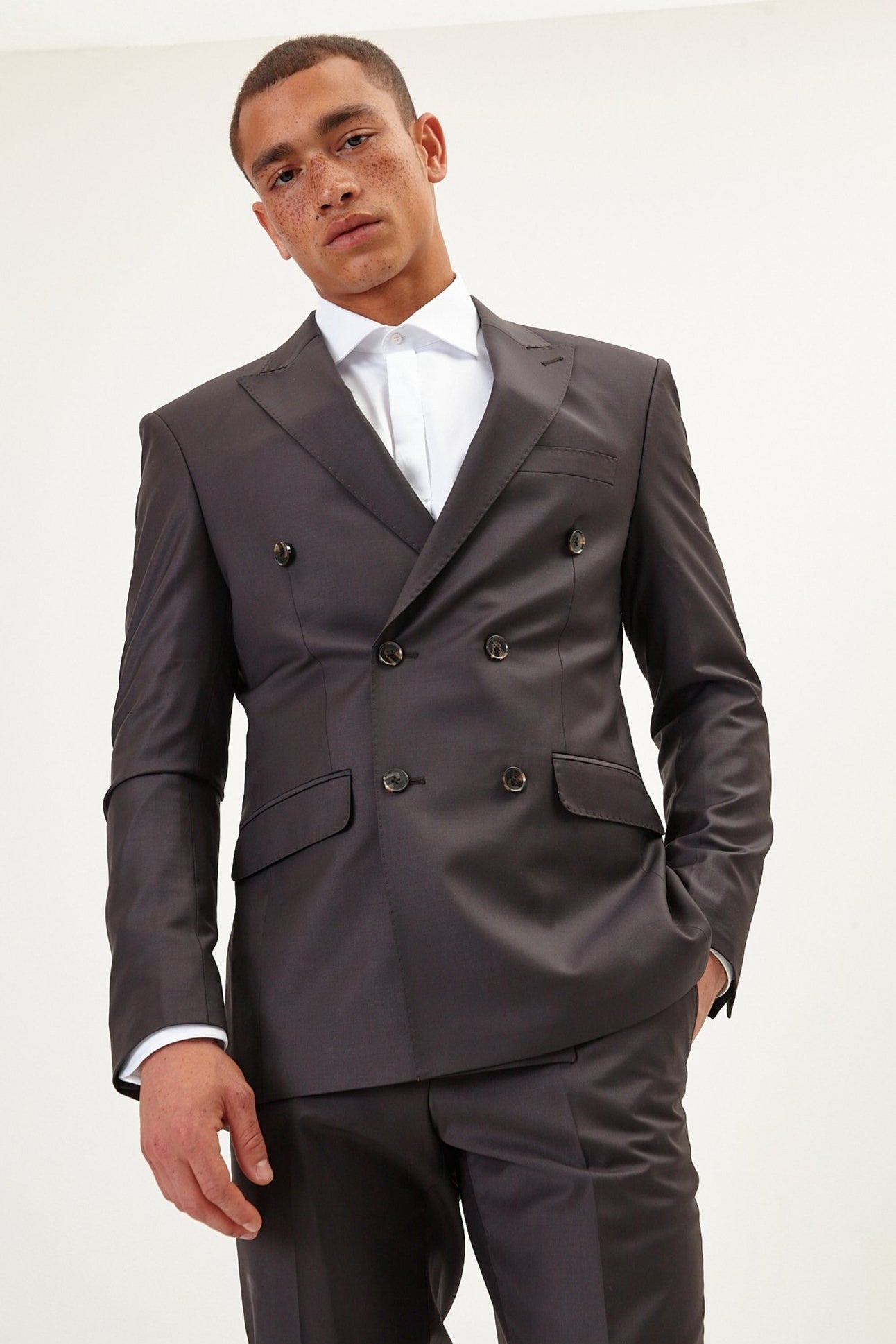 Super 180S Wool and Silk Double Breasted Suit - Chocolate Brown - Ron Tomson
