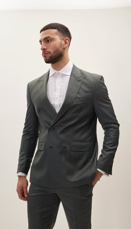 Super 180S Wool and Silk Double Breasted Suit - Dark Green - Ron Tomson