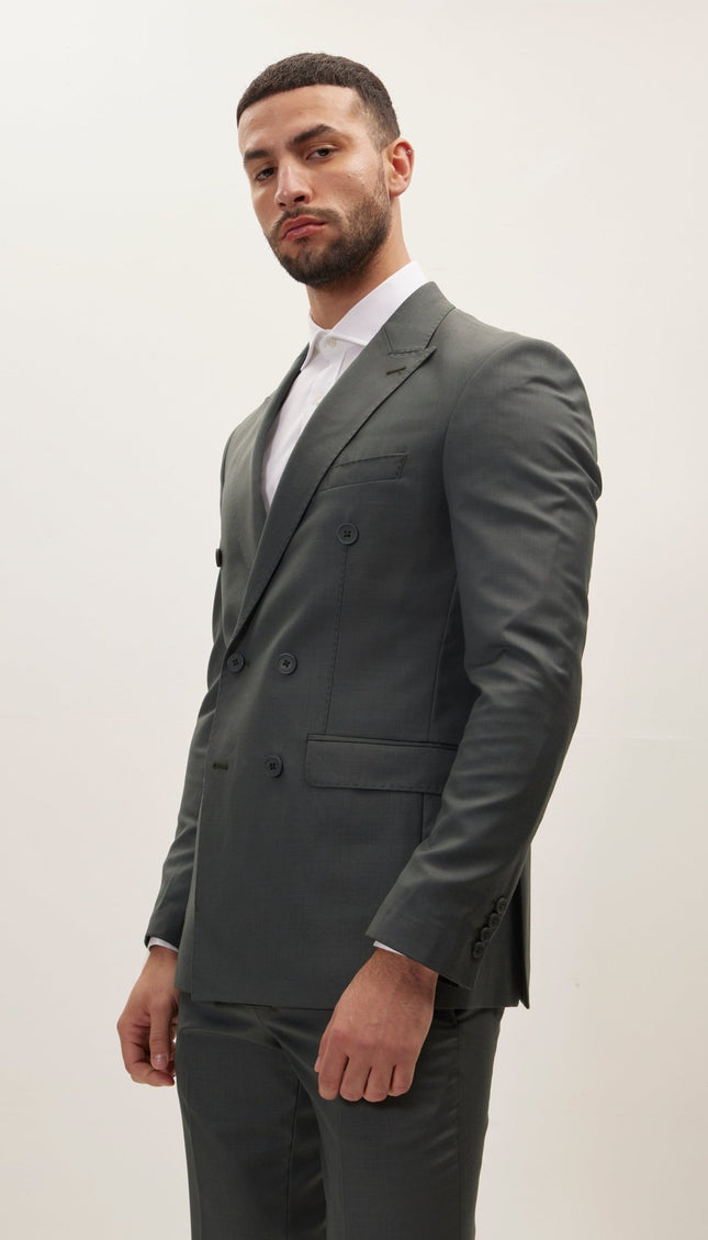 Super 180S Wool and Silk Double Breasted Suit - Dark Green - Ron Tomson