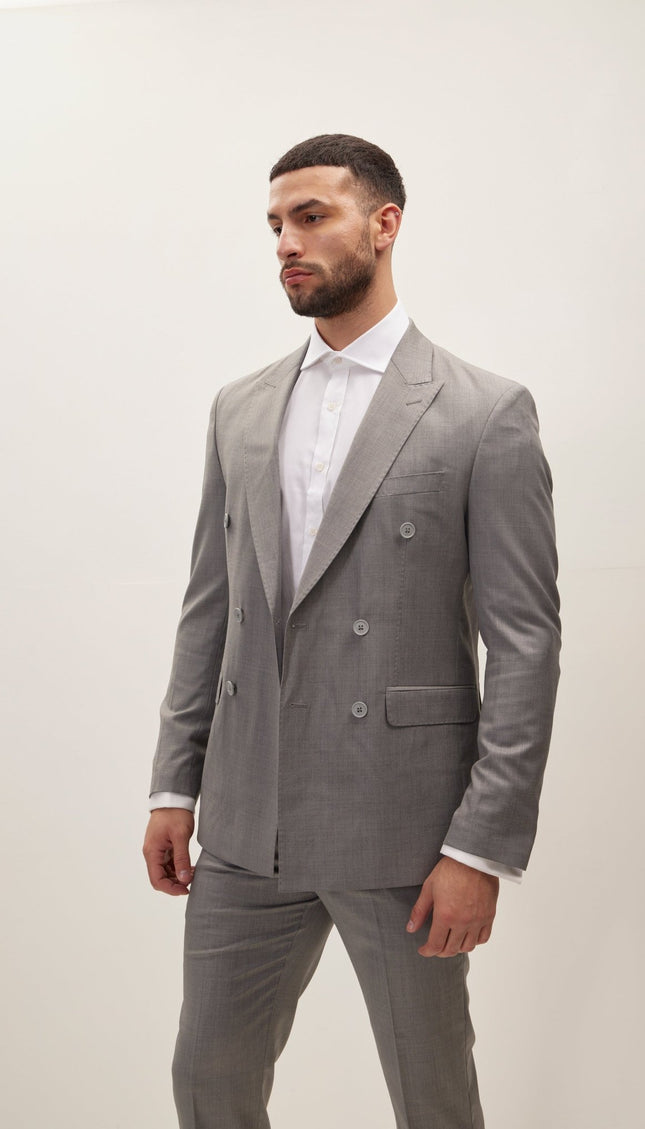 Super 180S Wool and Silk Double Breasted Suit - Grey - Ron Tomson