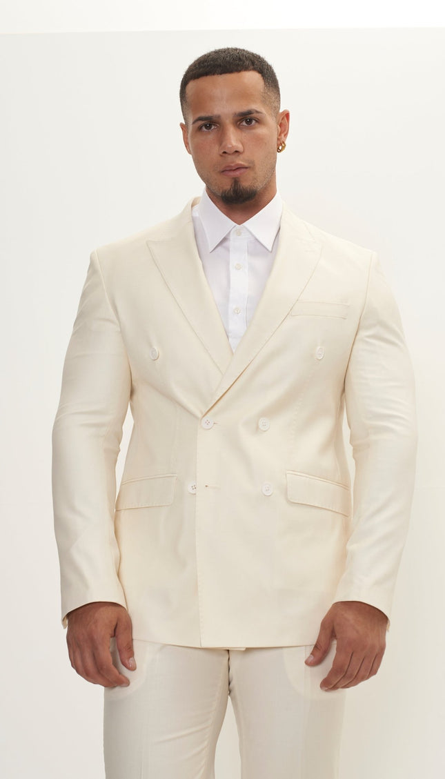 Super 180S Wool and Silk Double Breasted Suit - Off White - Ron Tomson