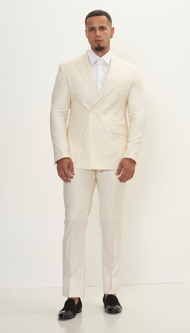 Super 180S Wool and Silk Double Breasted Suit - Off White - Ron Tomson