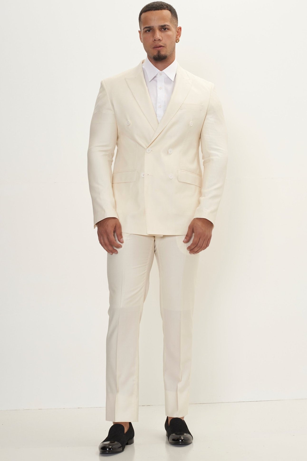 Super 180S Wool and Silk Double Breasted Suit - Off White - Ron Tomson