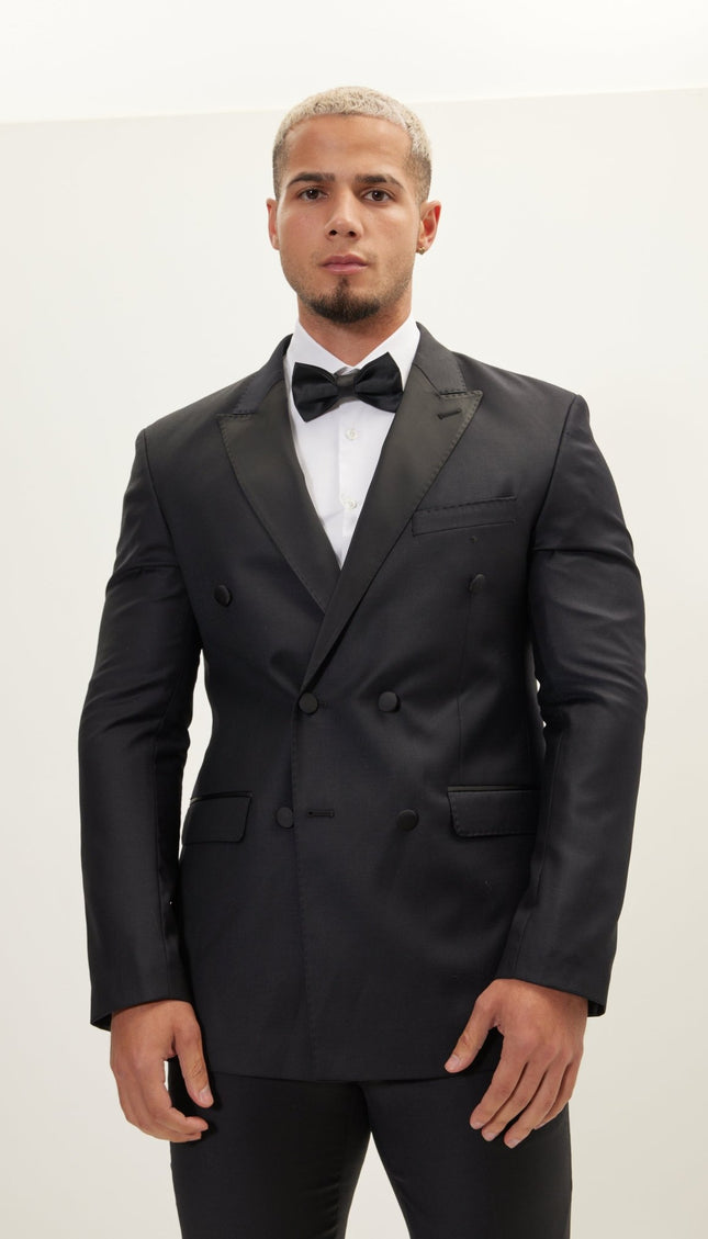 Super 180S Wool and Silk Double Breasted Tuxedo Suit - Black - Ron Tomson