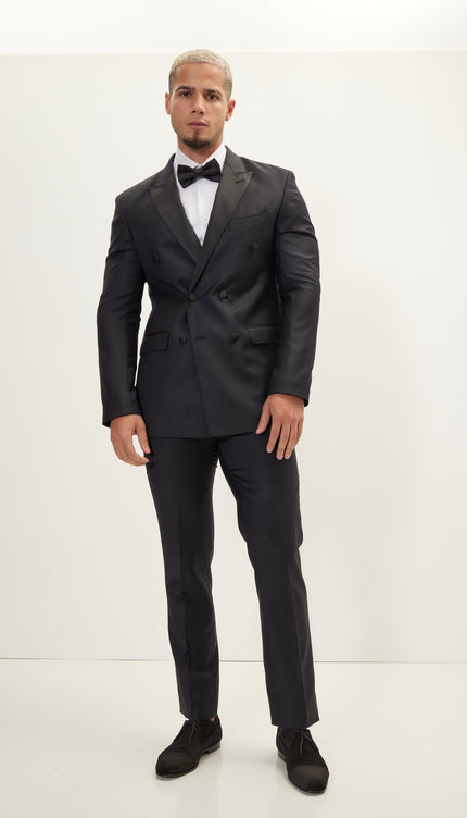 Super 180S Wool and Silk Double Breasted Tuxedo Suit - Black - Ron Tomson