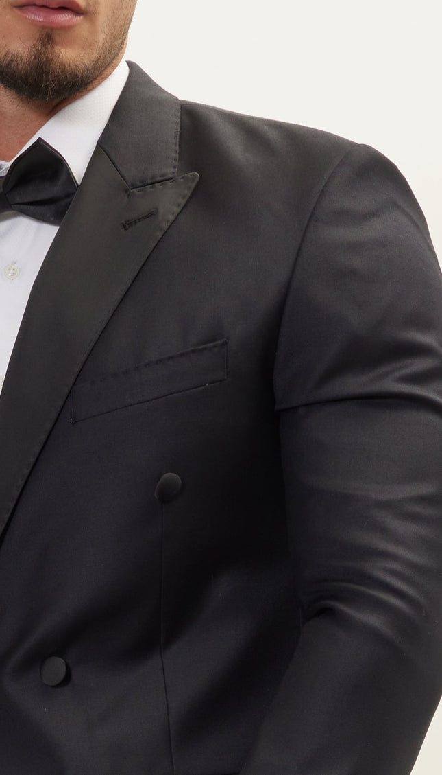 Super 180S Wool and Silk Double Breasted Tuxedo Suit - Black - Ron Tomson