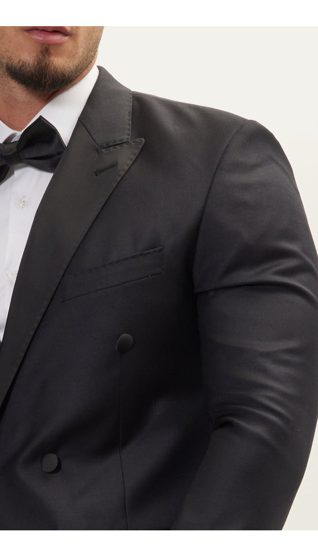 Super 180S Wool and Silk Double Breasted Tuxedo Suit - Black - Ron Tomson