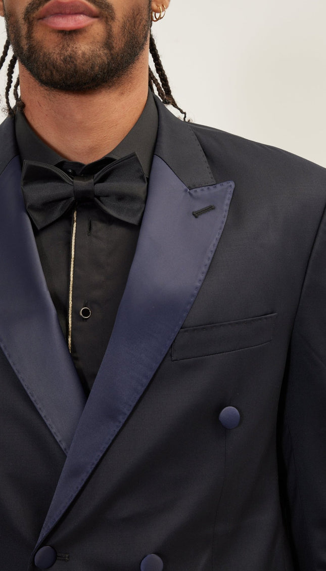 Super 180S Wool and Silk Double Breasted Tuxedo Suit - Navy - Ron Tomson