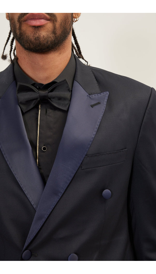 Super 180S Wool and Silk Double Breasted Tuxedo Suit - Navy - Ron Tomson