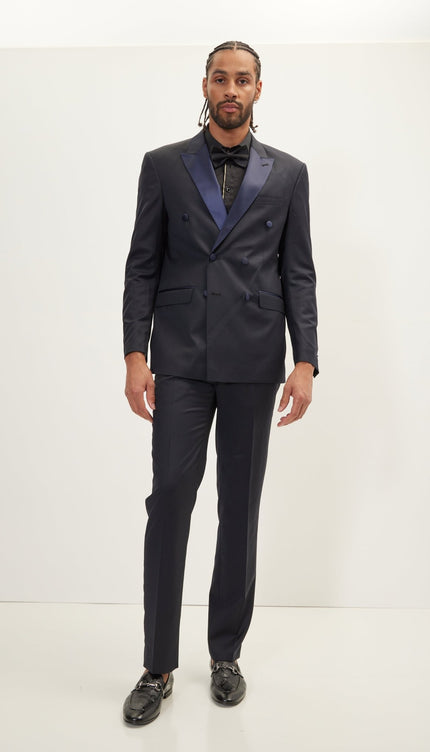Super 180S Wool and Silk Double Breasted Tuxedo Suit - Navy - Ron Tomson