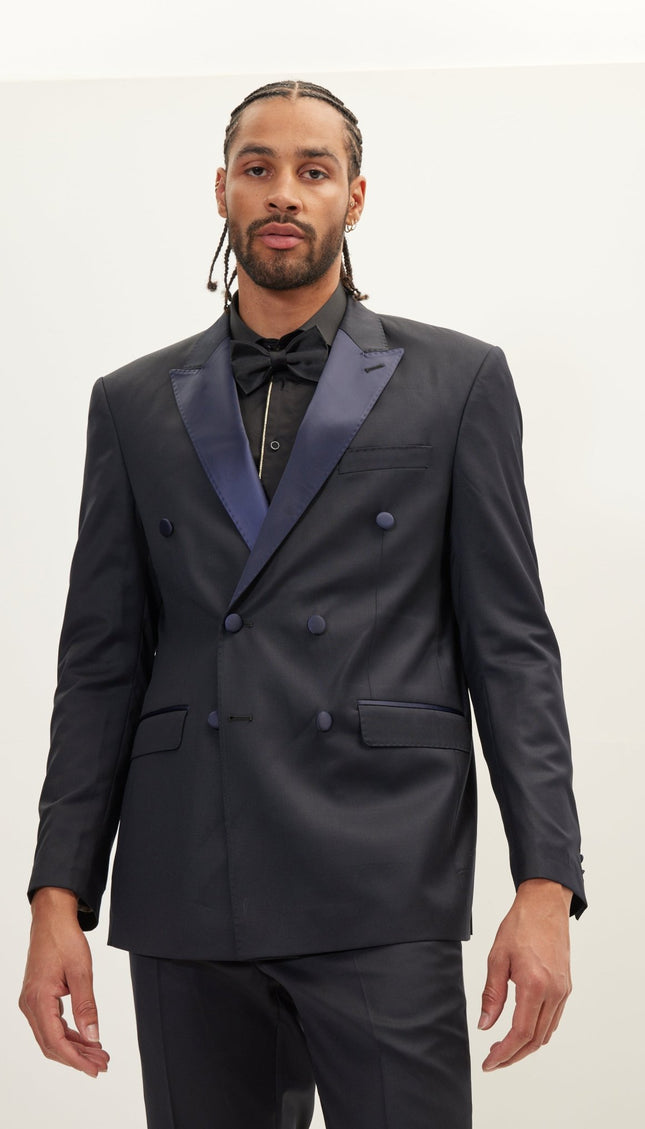 Super 180S Wool and Silk Double Breasted Tuxedo Suit - Navy - Ron Tomson