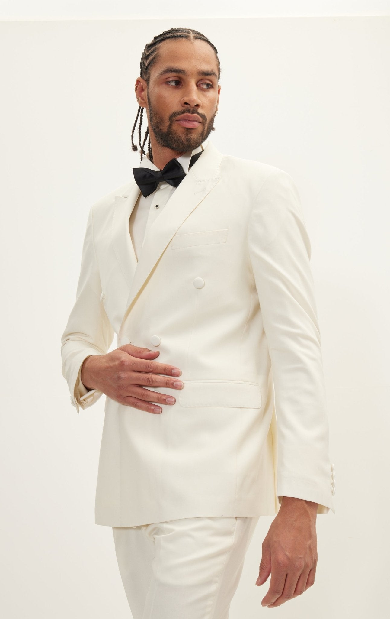 Super 180S Wool and Silk Double Breasted Tuxedo Suit Off White