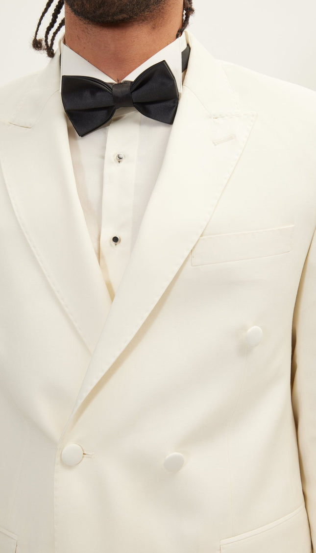 Super 180S Wool and Silk Double Breasted Tuxedo Suit - Off White - Ron Tomson