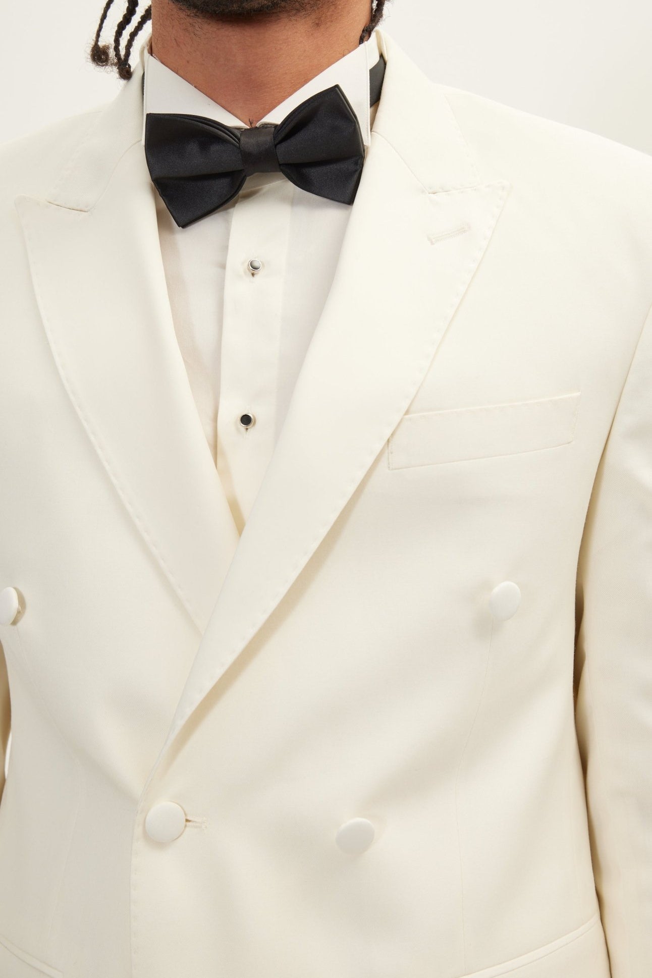 Super 180S Wool and Silk Double Breasted Tuxedo Suit - Off White - Ron Tomson