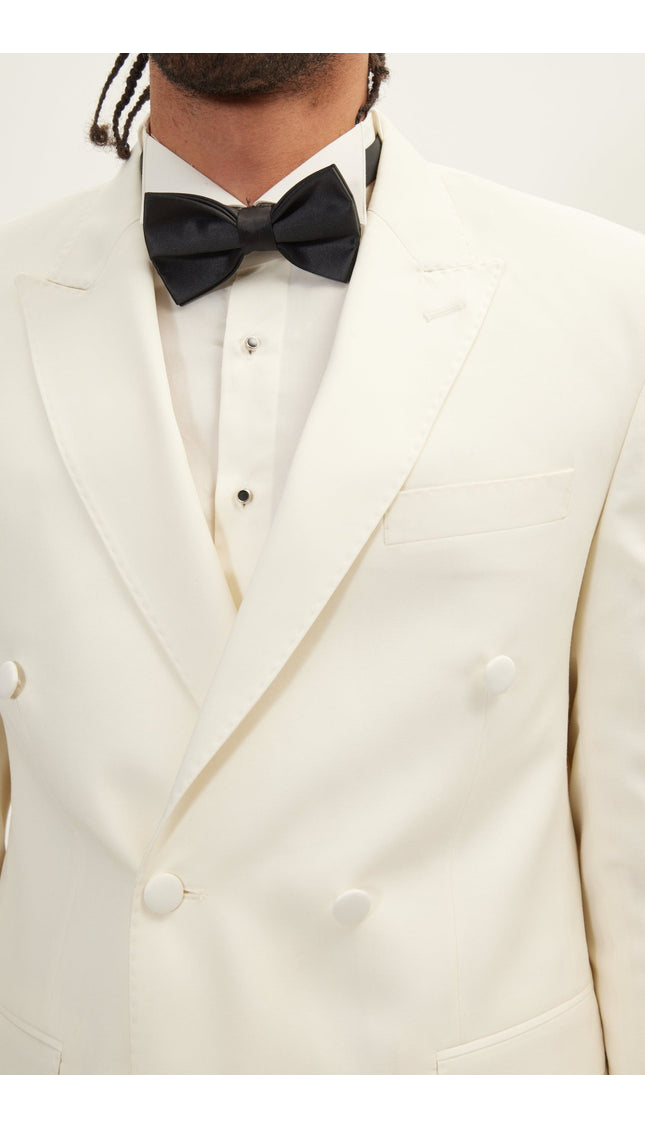 Super 180S Wool and Silk Double Breasted Tuxedo Suit - Off White - Ron Tomson