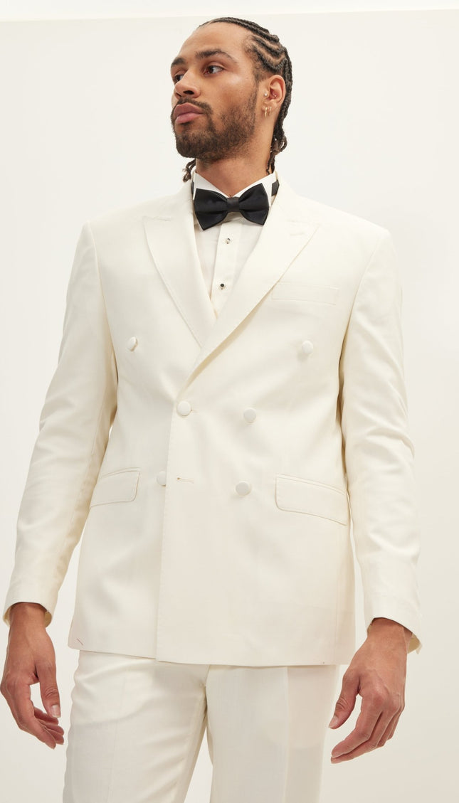 Super 180S Wool and Silk Double Breasted Tuxedo Suit - Off White - Ron Tomson