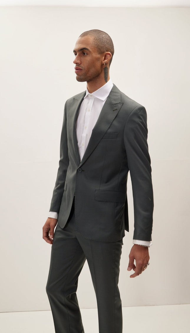 Super 180S Wool And Silk Single Breasted Suit - Dark Green - Ron Tomson