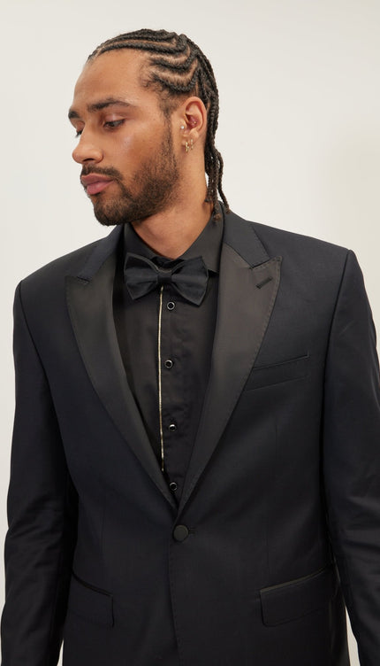 SUPER 180S WOOL & SILK SINGLE BREASTED TUXEDO SUIT - JET BLACK - Ron Tomson