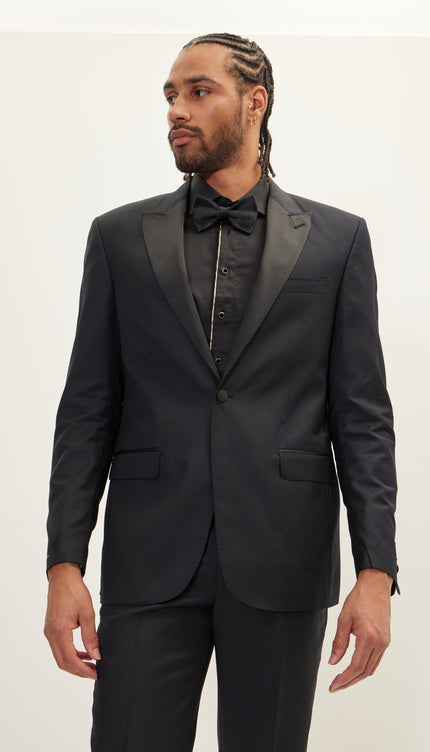 SUPER 180S WOOL & SILK SINGLE BREASTED TUXEDO SUIT - JET BLACK - Ron Tomson