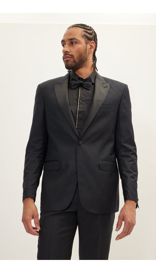 SUPER 180S WOOL & SILK SINGLE BREASTED TUXEDO SUIT - JET BLACK - Ron Tomson